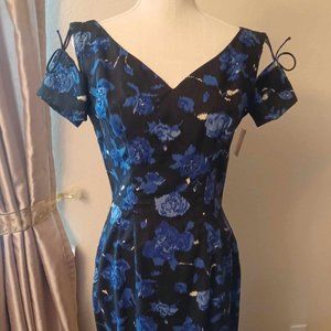 Vintage Black & Blue Floral Late 1950s Linen Wiggle Cocktail Dress Sparkle